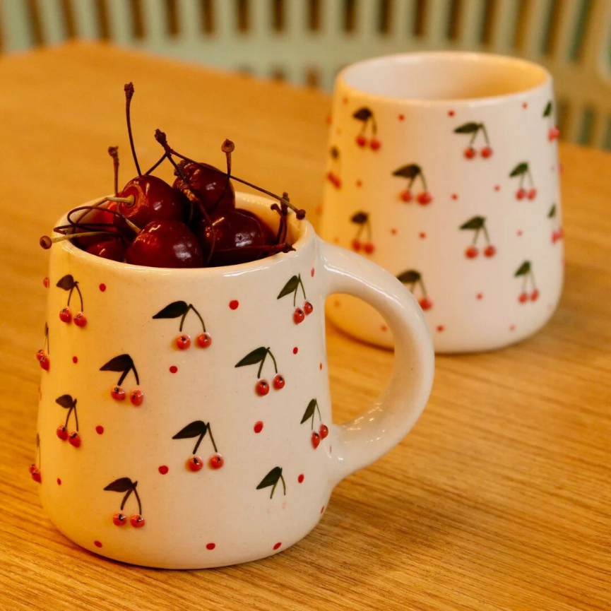 Ceramic Red Cherry Mugs: Heat & Clean Friendly (Pack of 2)