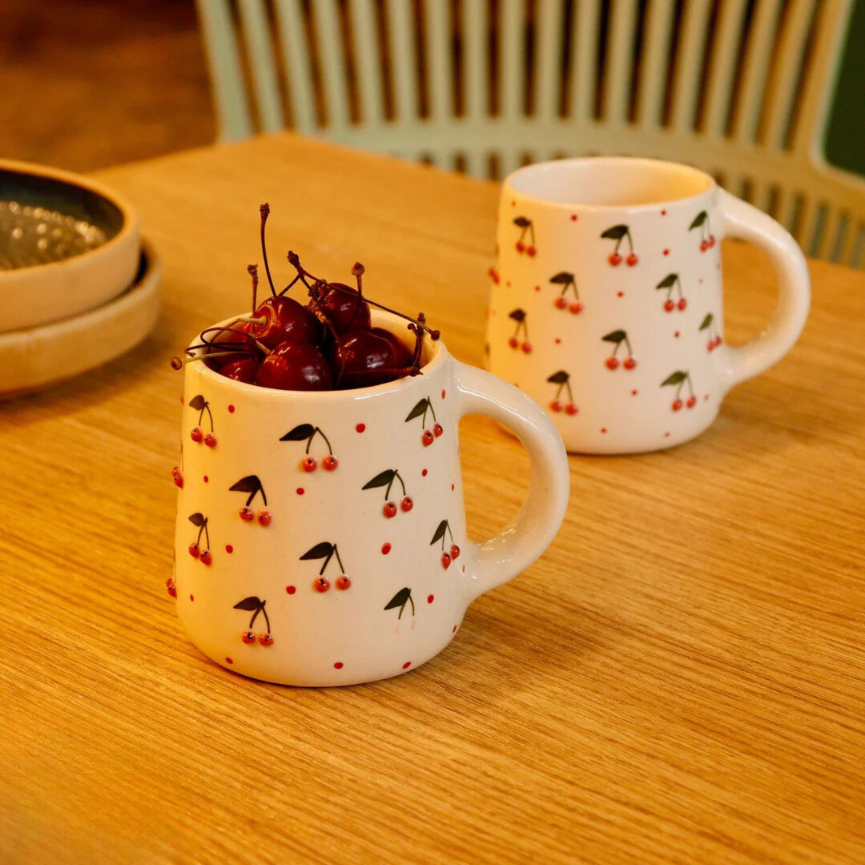 Ceramic Red Cherry Mugs: Heat & Clean Friendly (Pack of 2)