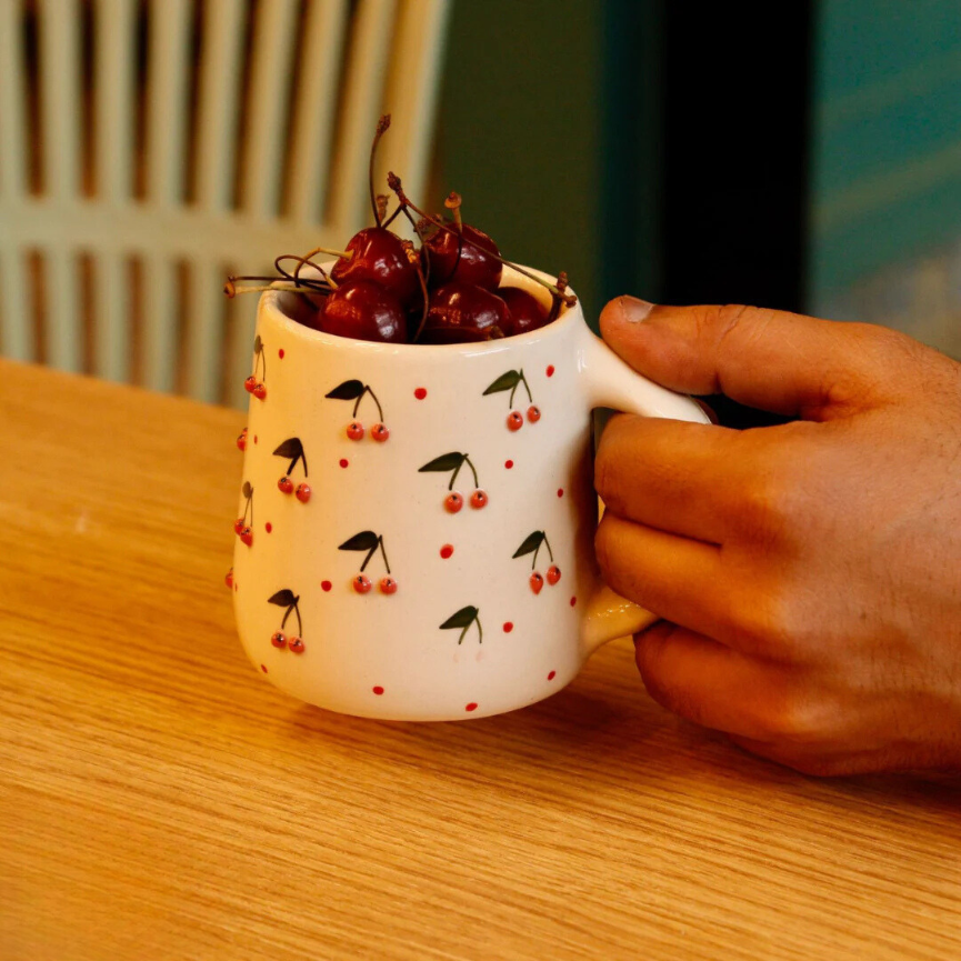 Ceramic Red Cherry Mugs: Heat & Clean Friendly (Pack of 2)