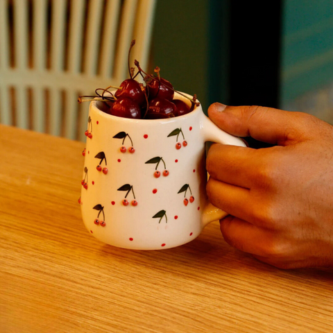 Ceramic Red Cherry Mugs: Heat & Clean Friendly (Pack of 2)