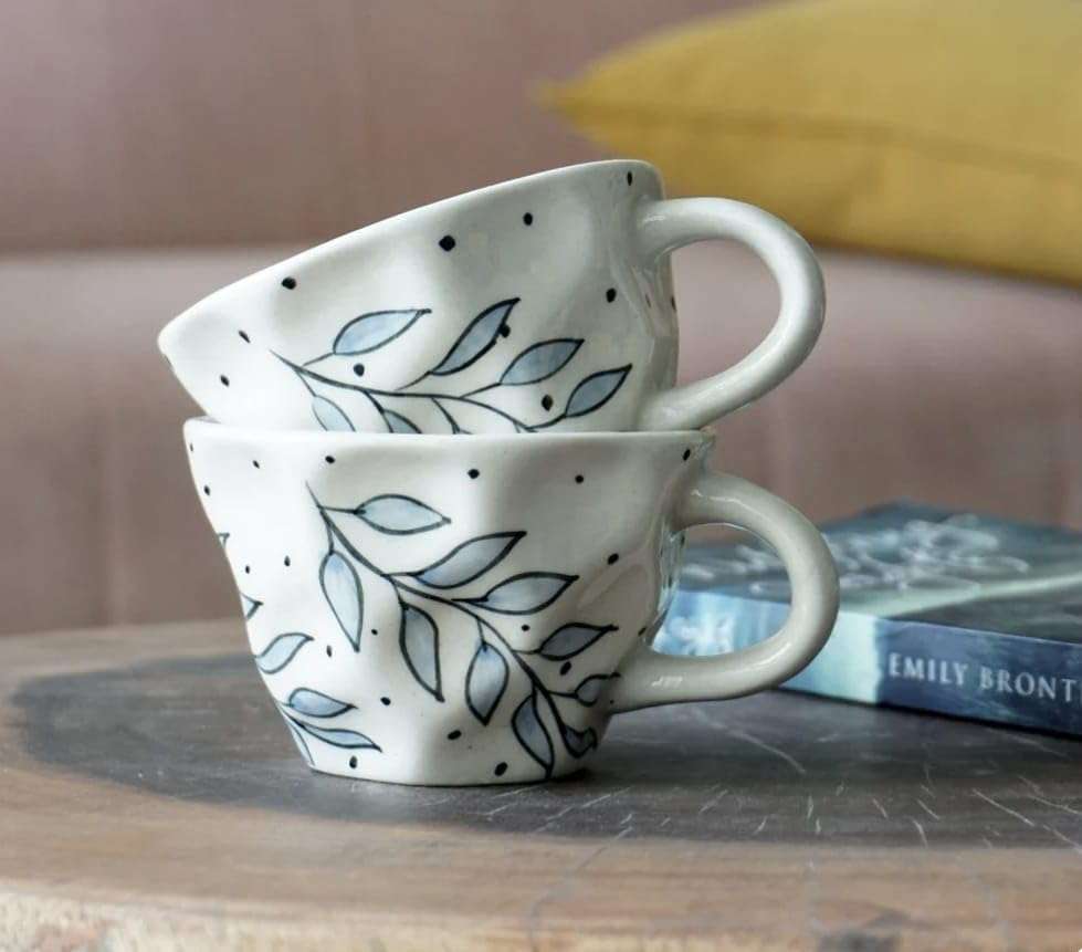 Handmade Ceramic Buti Printed Coffee Mugs- Set of 2