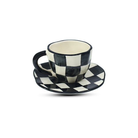 Classic Black & White Ceramic Mug & Saucer Set