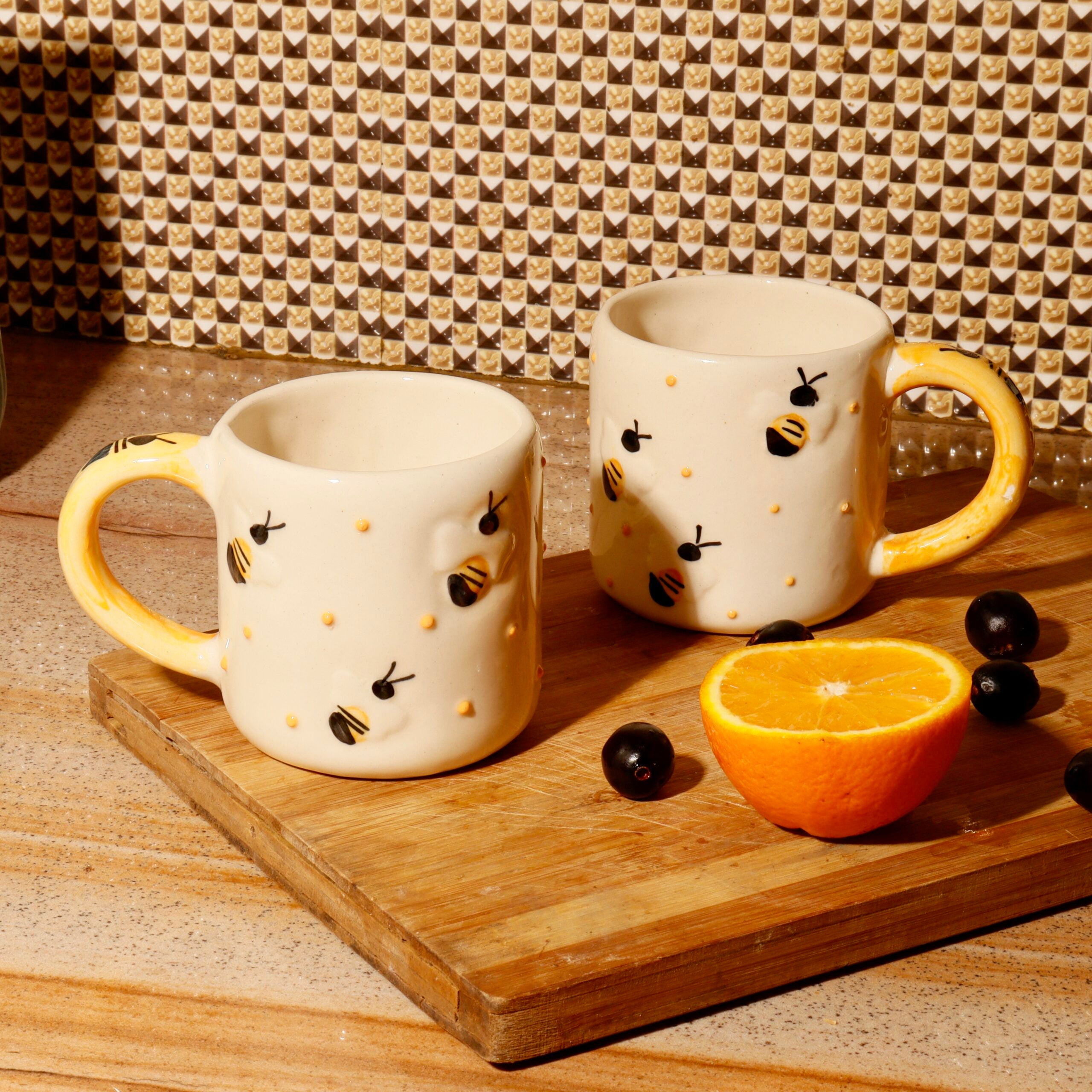 Handmade Honey Bee Ceramic Mugs by Khan Studio (Pack of 2)