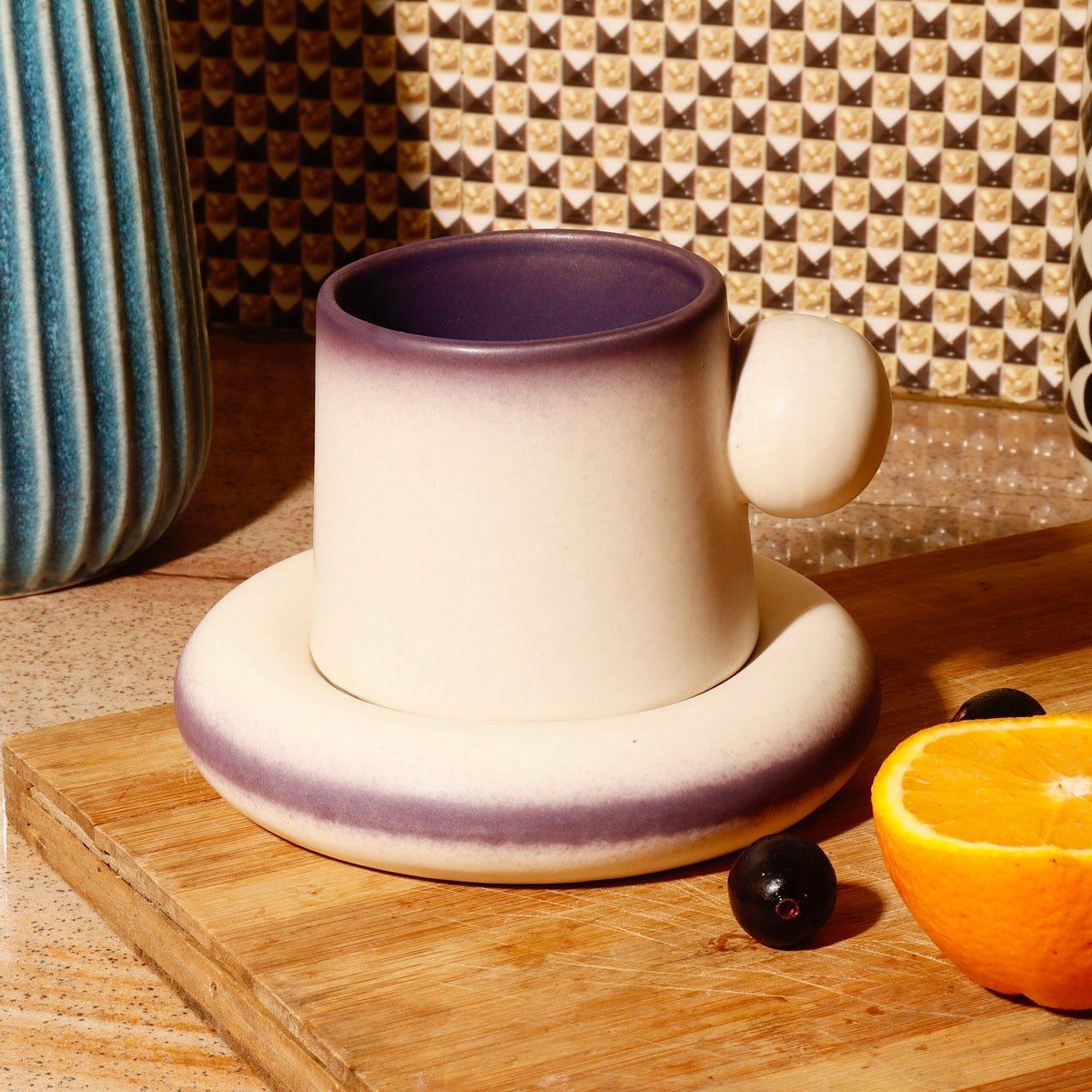 Antique Purple Microwave Safe Ceramic Mugs with Matching Saucers