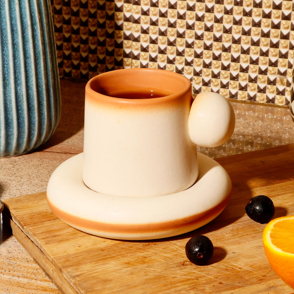 Antique Orange Microwave Safe Ceramic Mugs with Matching Saucers